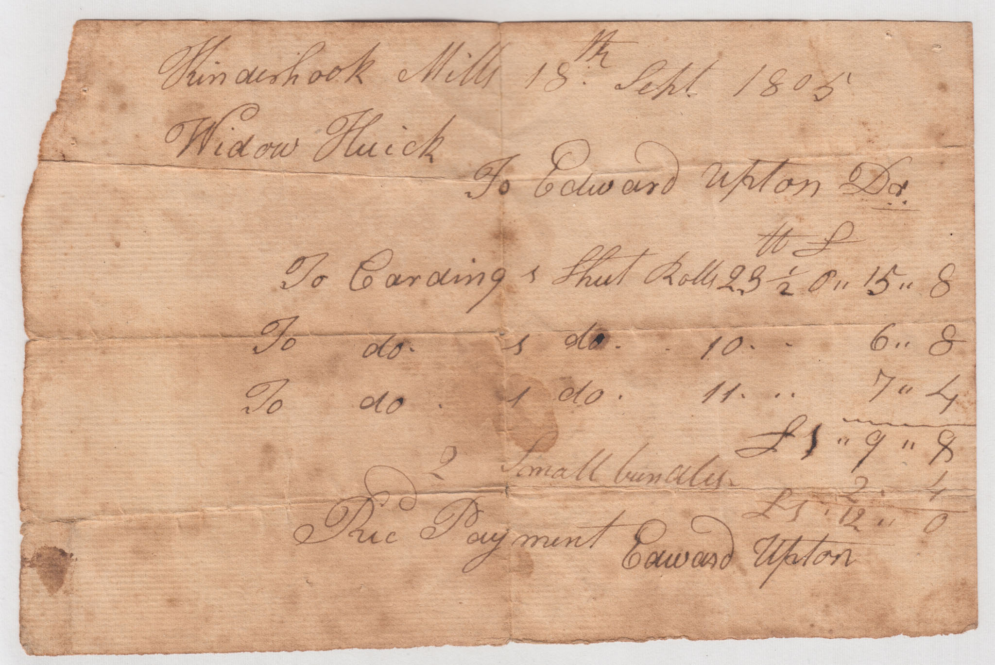 BH088, 1805-09-18 Receipt, Widow Huyck's Carding Account Paid